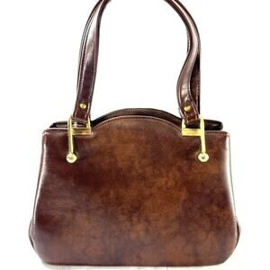 Vintage JR USA Brown Leather Handbag Structured Purse Gold Hardware Top Handle